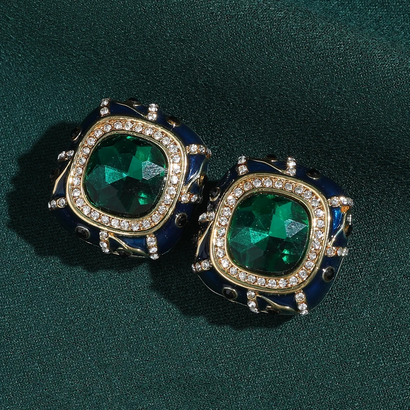 

Vintage Square Crystal Earrings For Ladies Enamel Stud Jewelry Design Luxury Antique Gold Plated Woman Engagement Art Deco 2026