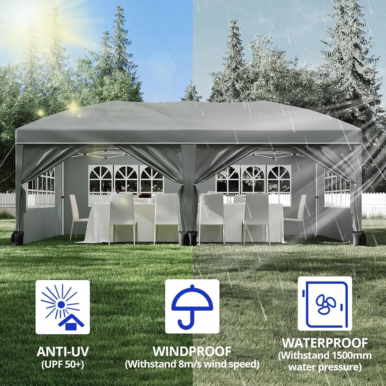 10x20ft Pop‑Up Canopy Tent w/Window Sidewalls Waterproof Outdoor Shelter Light-transparent Sidewall Window Weatherproof Oxford Fabric for Patio and Backyard