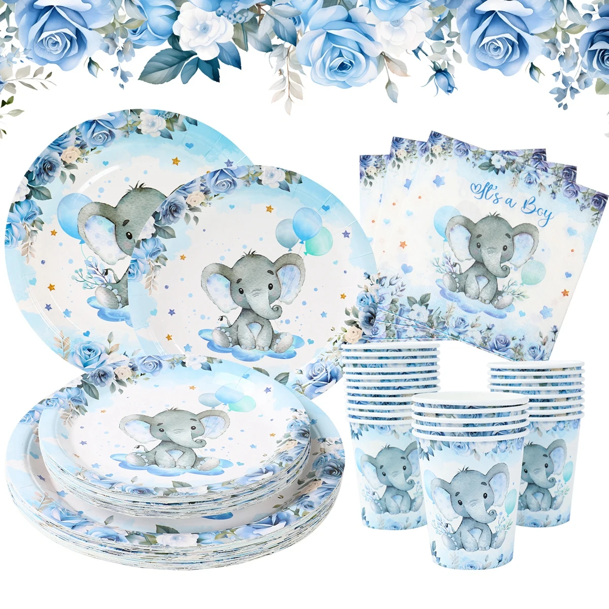 

Baby Shower Decorations Baby Shower Paper Blue Elephant Plates Cups Napkins for Boys Girls Birthday Gender Reveal Party Favors