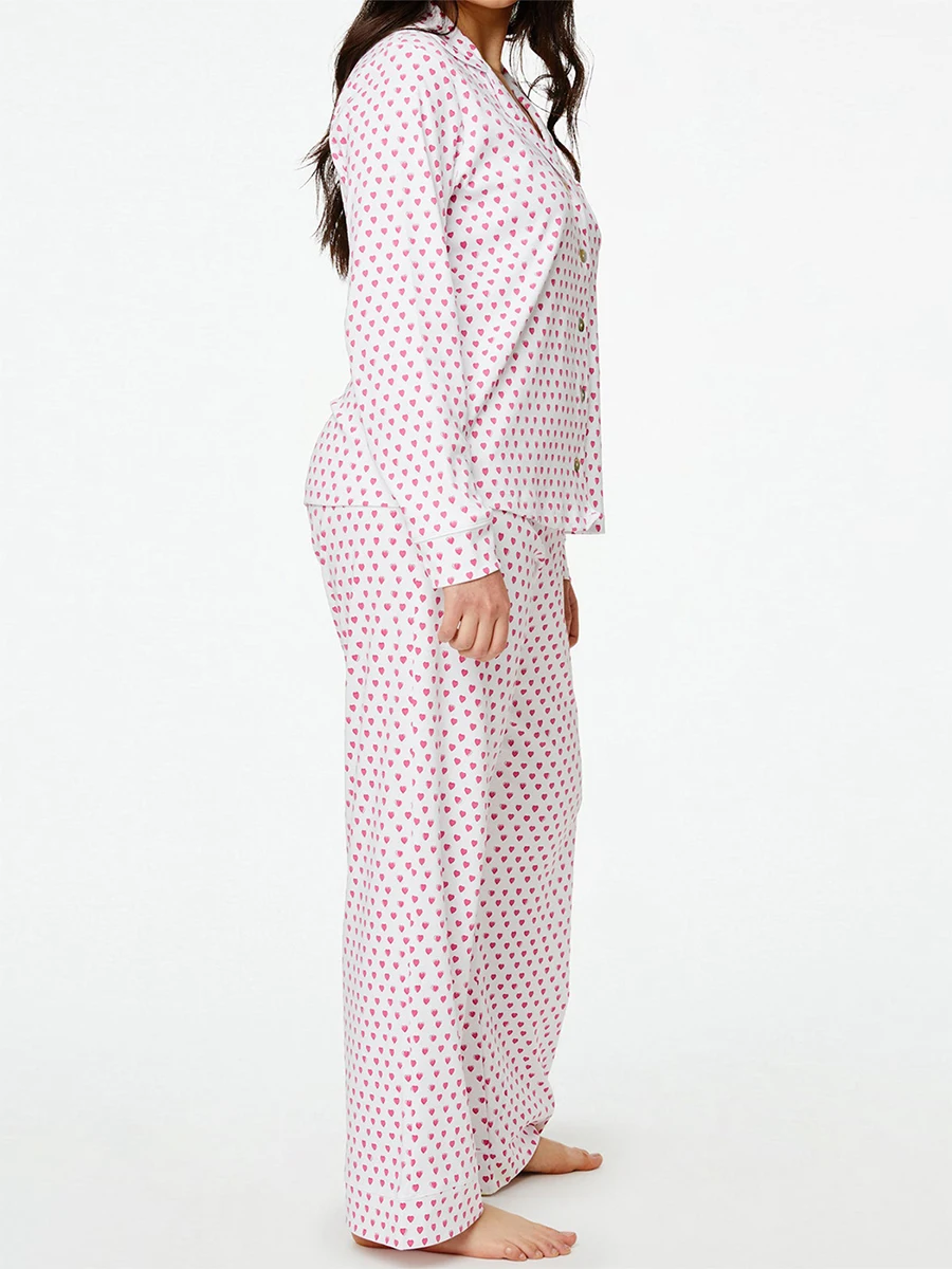 Women s Fall 2PCS Pajama Set Long Sleeve Lapel Button Up Shirt Tops Heart Print Pants Sleepwear Sets