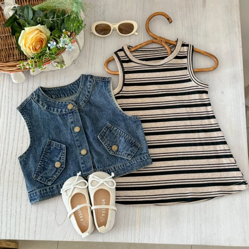 

Baby Girl Summer Fashionable Outfit New Children's Stylish Denim Vest Korean Style Dress Two-Piece Set