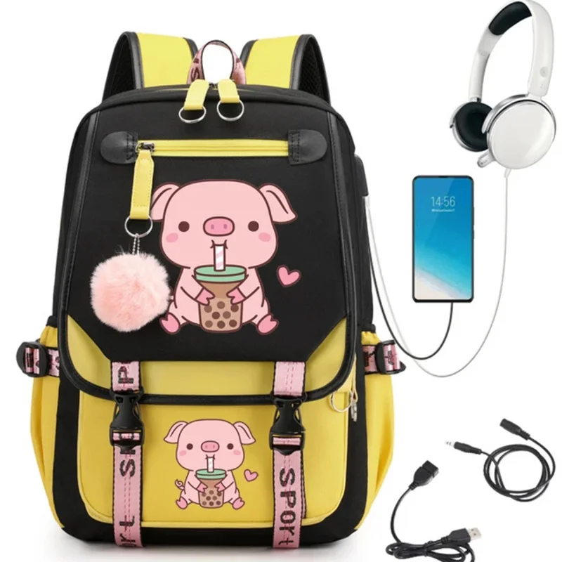 Mochila impermeável com carregamento USB, Mochila dos desenhos animados, Porco, Boba, Moda, Bolsa de escola, Menina, Estudante, Mulheres, Feminino