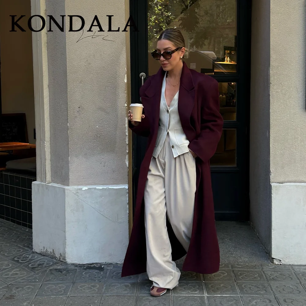 

KONDALA 2026, осенне-зимнее женское элегантное длинное пальто, модная уличная одежда, двубортное бордовое длинное пальто с карманами для новогодней вечеринки
