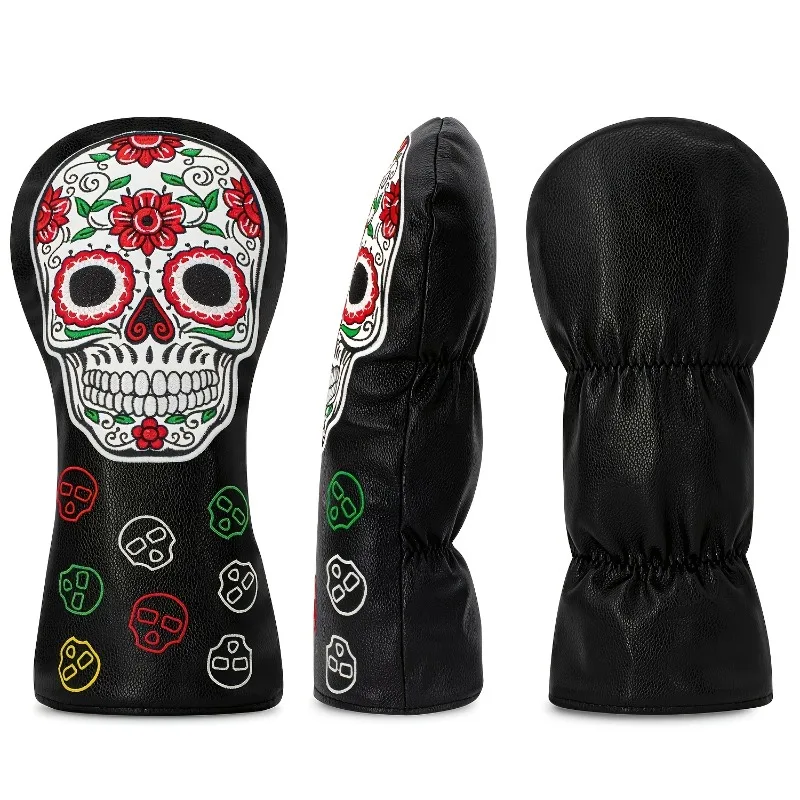 Golf Club Protective Cover - Black PU Material, White Skull and Red Flower Pattern, Multi Color Denomination and Eye Design