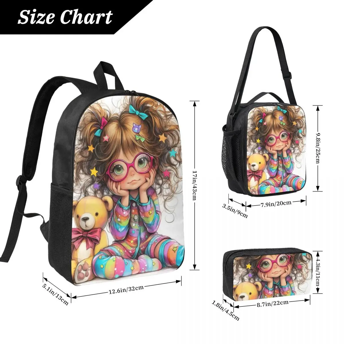 Whimsy Colorful Hair Girl Design Backpack Student BookBag School Bag Laptop Shoulder Bags 3ps Insulated Lunch Bag Pencil Case