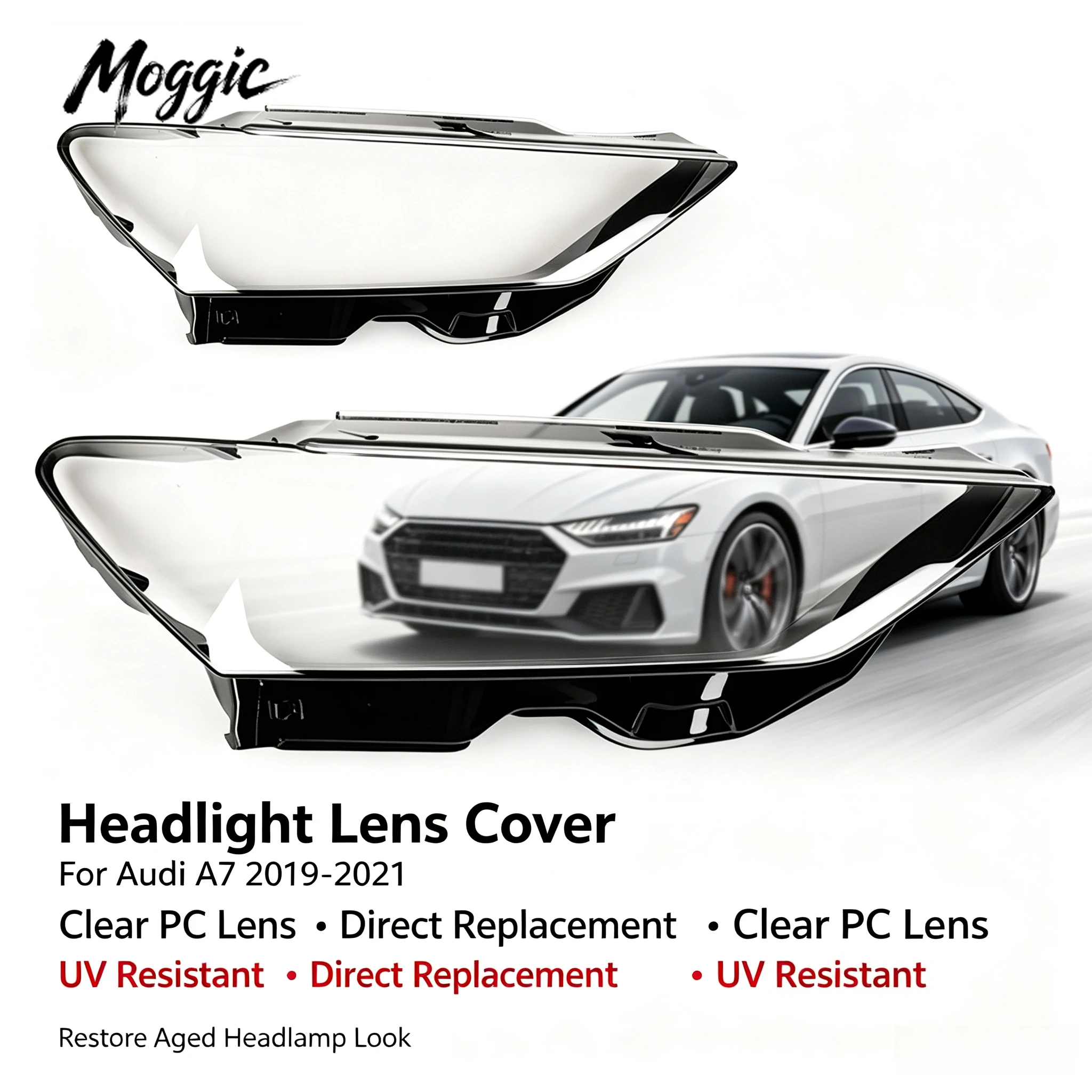 Moggic Front Headlight Transparent Lens Cover for Audi A7 2019‑2021, Headlamp Clear Shell Mask