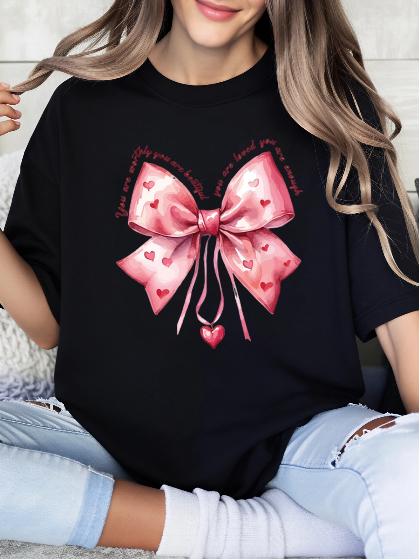 

Pink Bow with Hearts and Love Message Valentine's Day T-Shirt Women Casual Wear Black Plus-Size