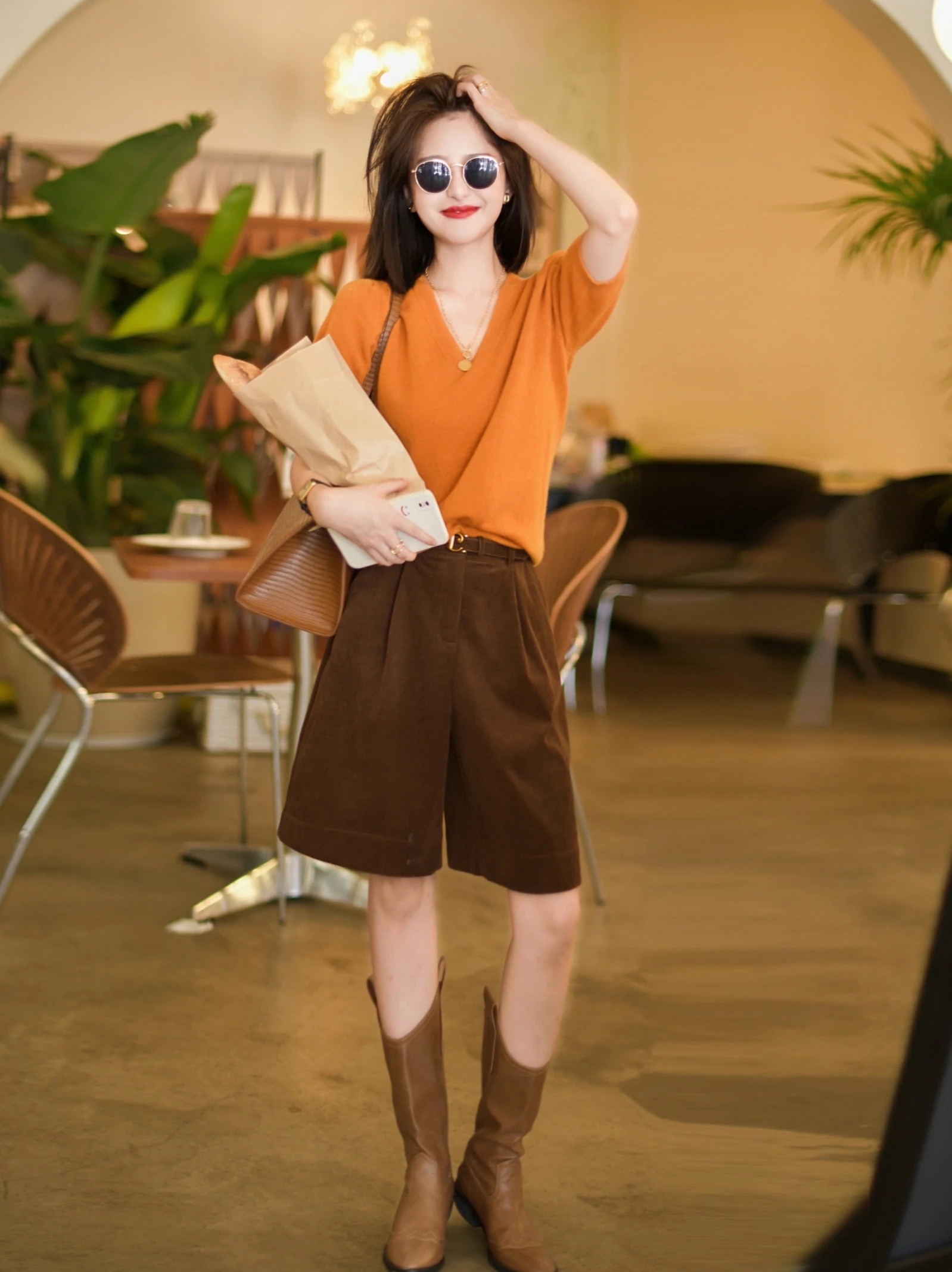 

Zhaodaixi Caramel Ouni, простая свободная прямая эластичная талия, ретро-юбка-миди, джинсы, летние прямые брюки с высокой талией, глубокий цвет