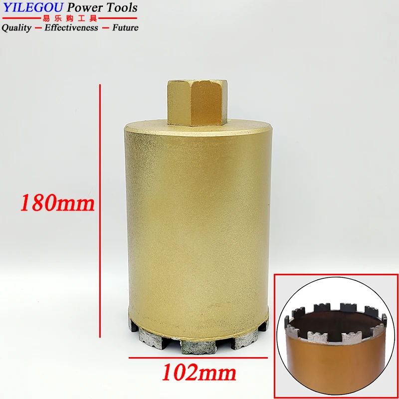 Wiertło diamentowe na mokro 102x180 mm. Średnica 102 mm Długość 180 mm Diamentowy koronkowy bit z wodą. Do wiercenia otworów w ścianach betonowych.