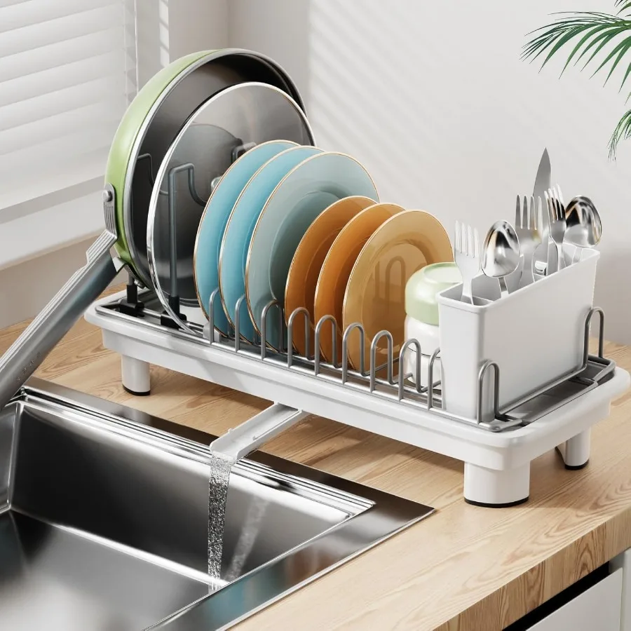 

Small Dish Drying Rack Compact Dish Drainer for Kitchen Counter with Adjustable Back Slots SpaceSaving for Small Kitchens White
