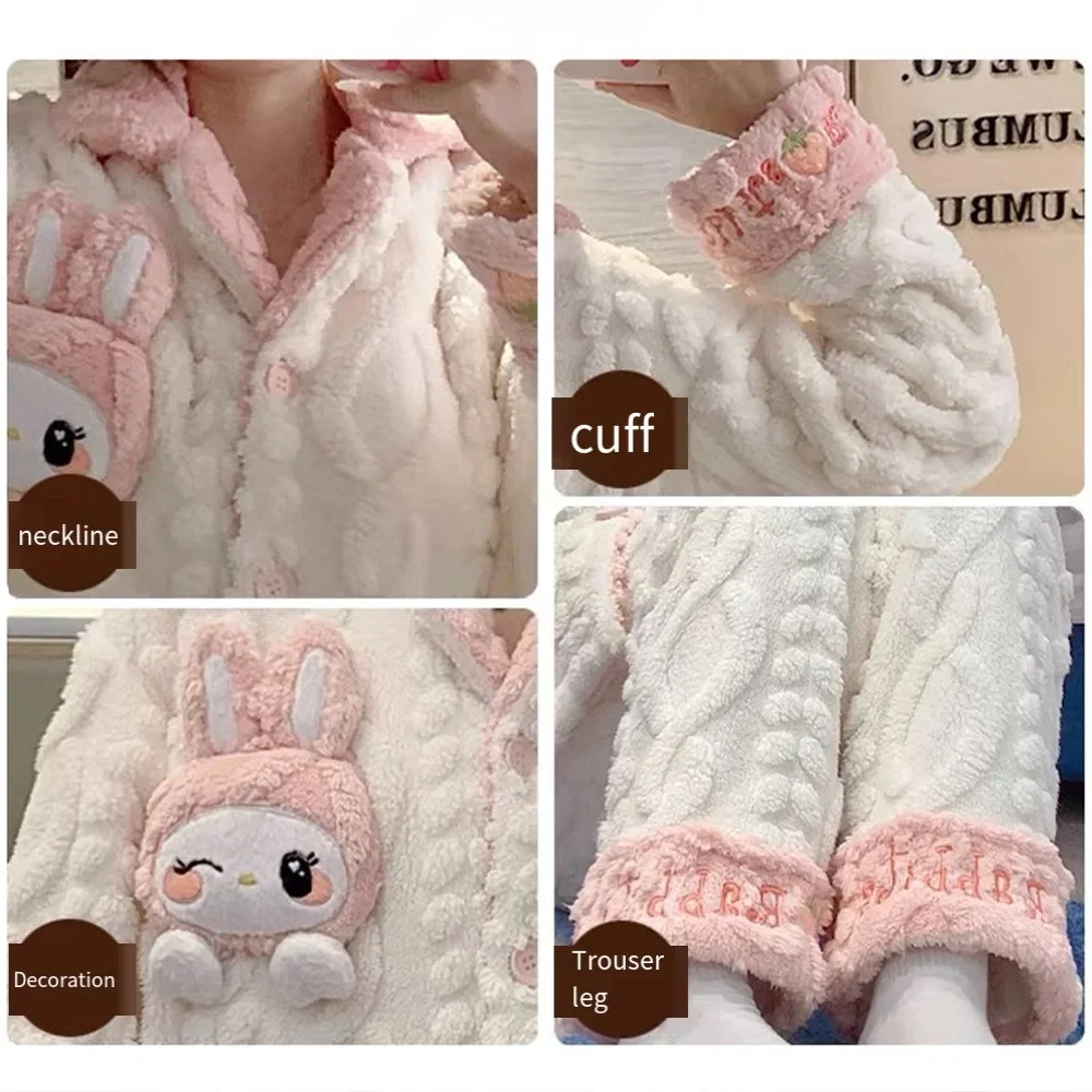 My Melody Winter Kawaii Women Pajamas Set Kuromi Sanrios Anime Cartoon Flannel Thicken Warm Nightwear Homewear Girls Tops Pants