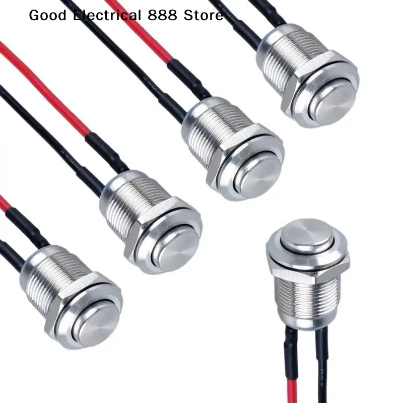 【G】5Pcs Round Head Momentary Push Button Switch Stainless Normal Open With Pre-Welded Cable One On-Off Used For Auto And Boats