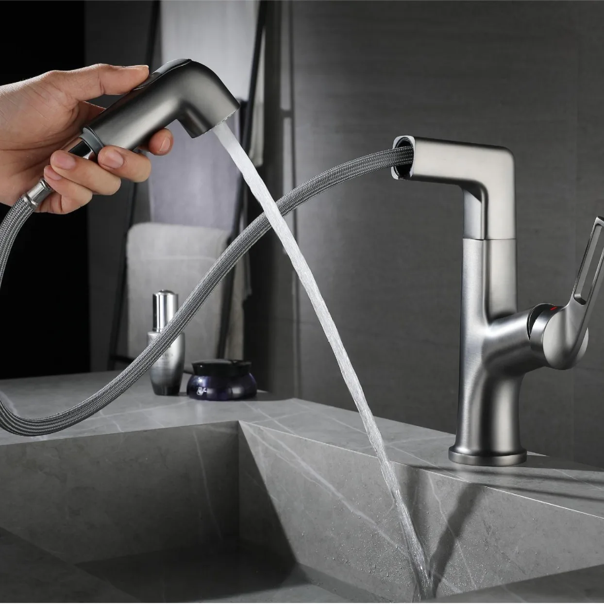 Retractable Lift-and-Slide 360-Degree Rotating Hot and Cold Water Tap for Washbasin Bathroom Vanity Unit
