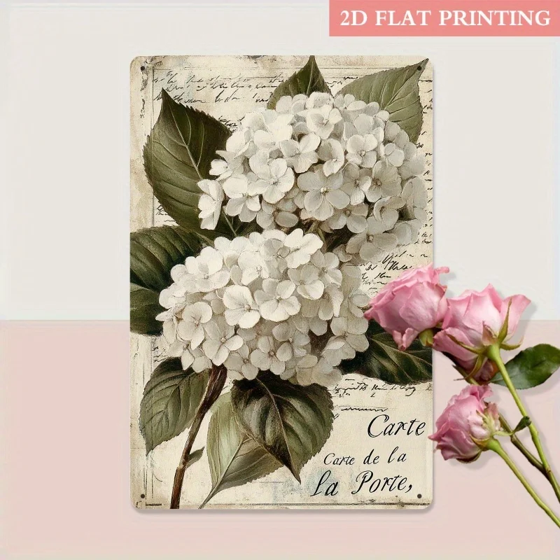 1pc 20x30cm Iron Metal Tin Sign Vintage White Hydrangea Decorative Wall Art for Living Room Bedroom Bathroom