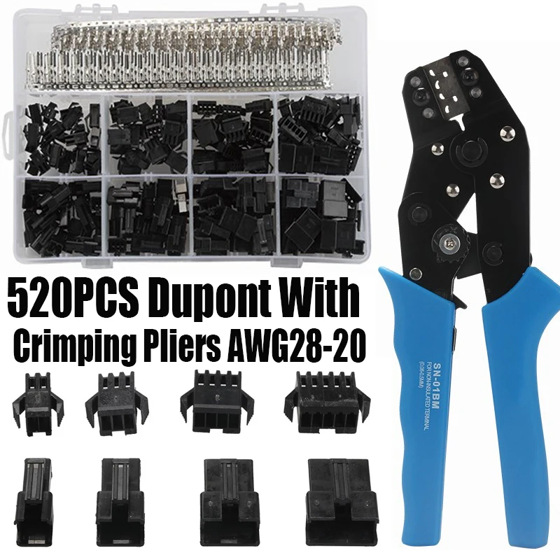 

520Pcs Dupont 2.54mm Pin Terminal Connectors With SN-01BM XH2.54 SM Plug Spring Clamp Crimping Tool Crimping Pliers AWG28-20