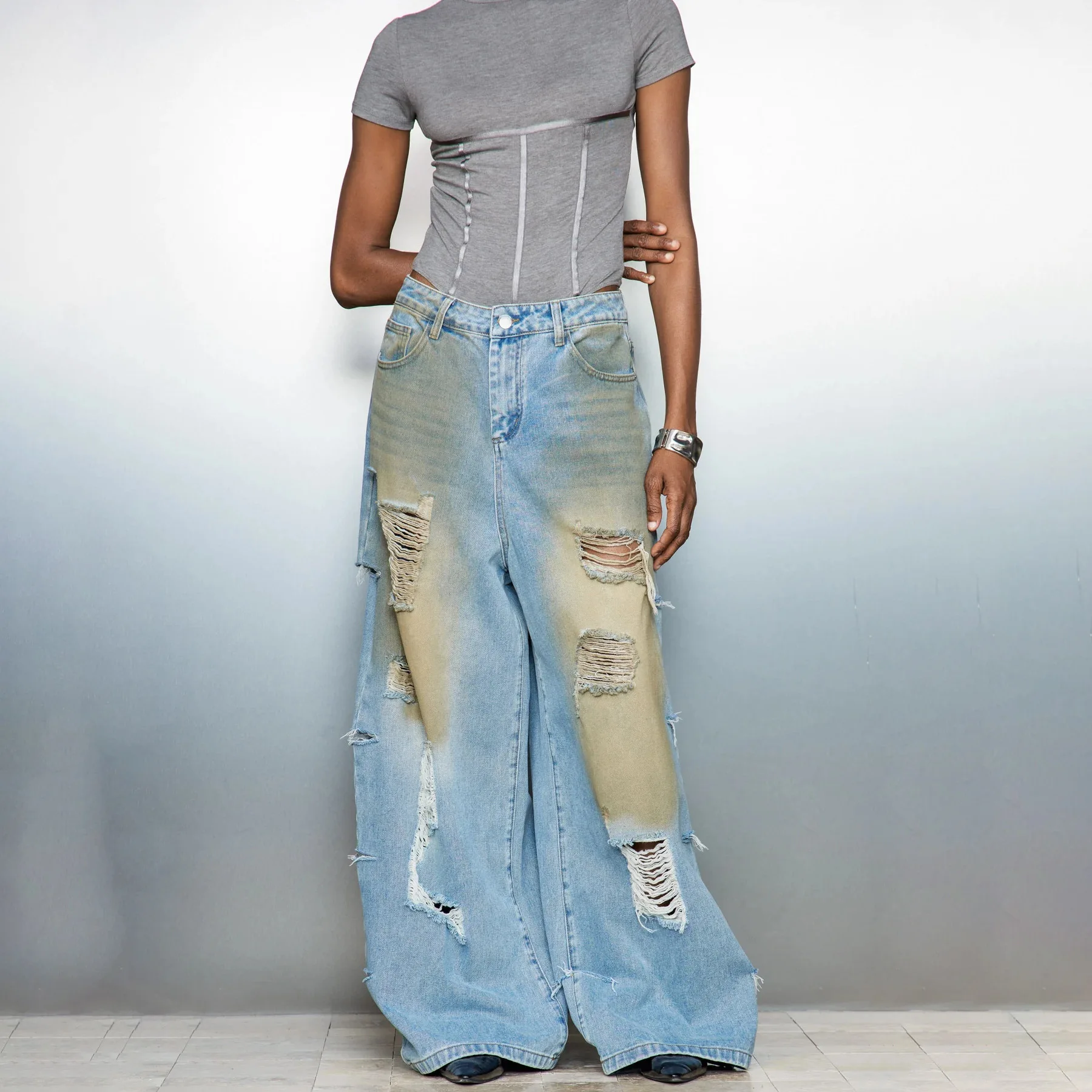 

Tinaa Streetwear Cotton Jeans for Women 2025 Washed Vintage Blue Do Old Hollow-out Pockets Wide-leg Denim Pants Woman Bottoms