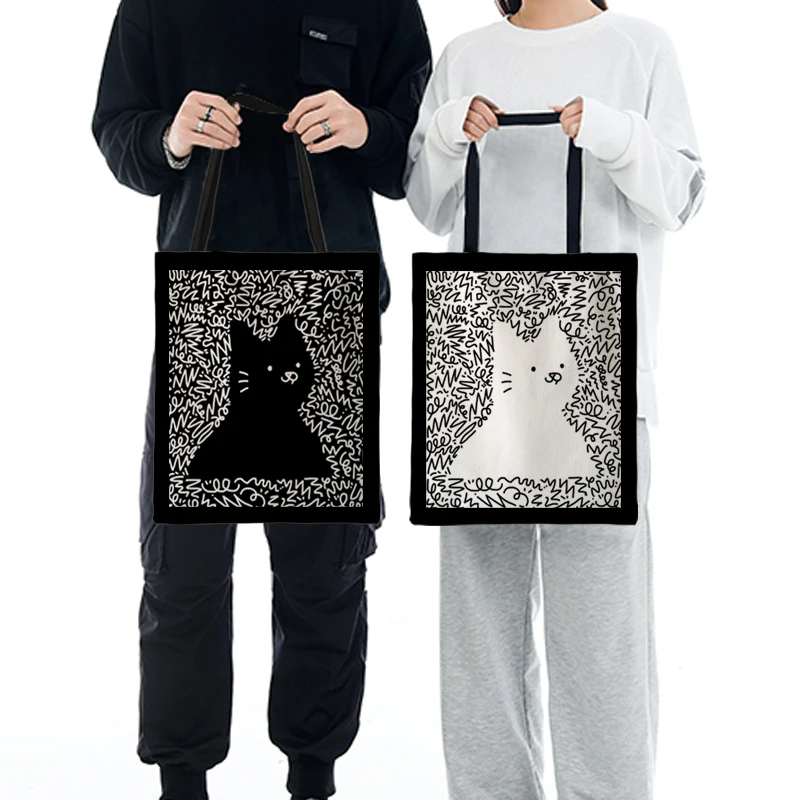 2024 New Arrival Women Tote Bag Line Graffiti Print Shopper Bag Cute Kitten Cat Shoulder Bag Shopping Grocery