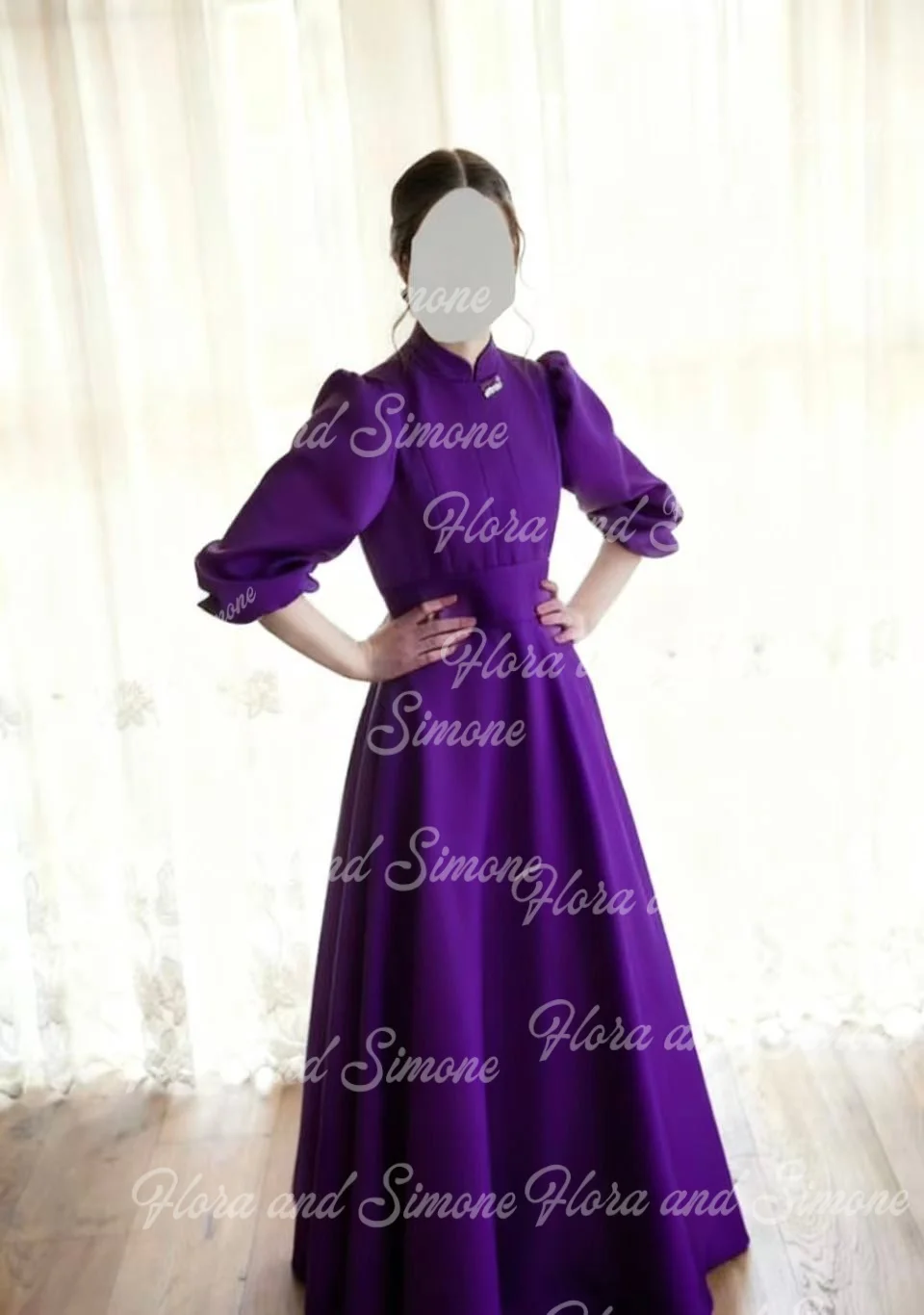 Vestido floral de cetim rosa personalizado, gola alta, meia manga, cerimônias de casamento, festa de aniversário, evento, vestido formal