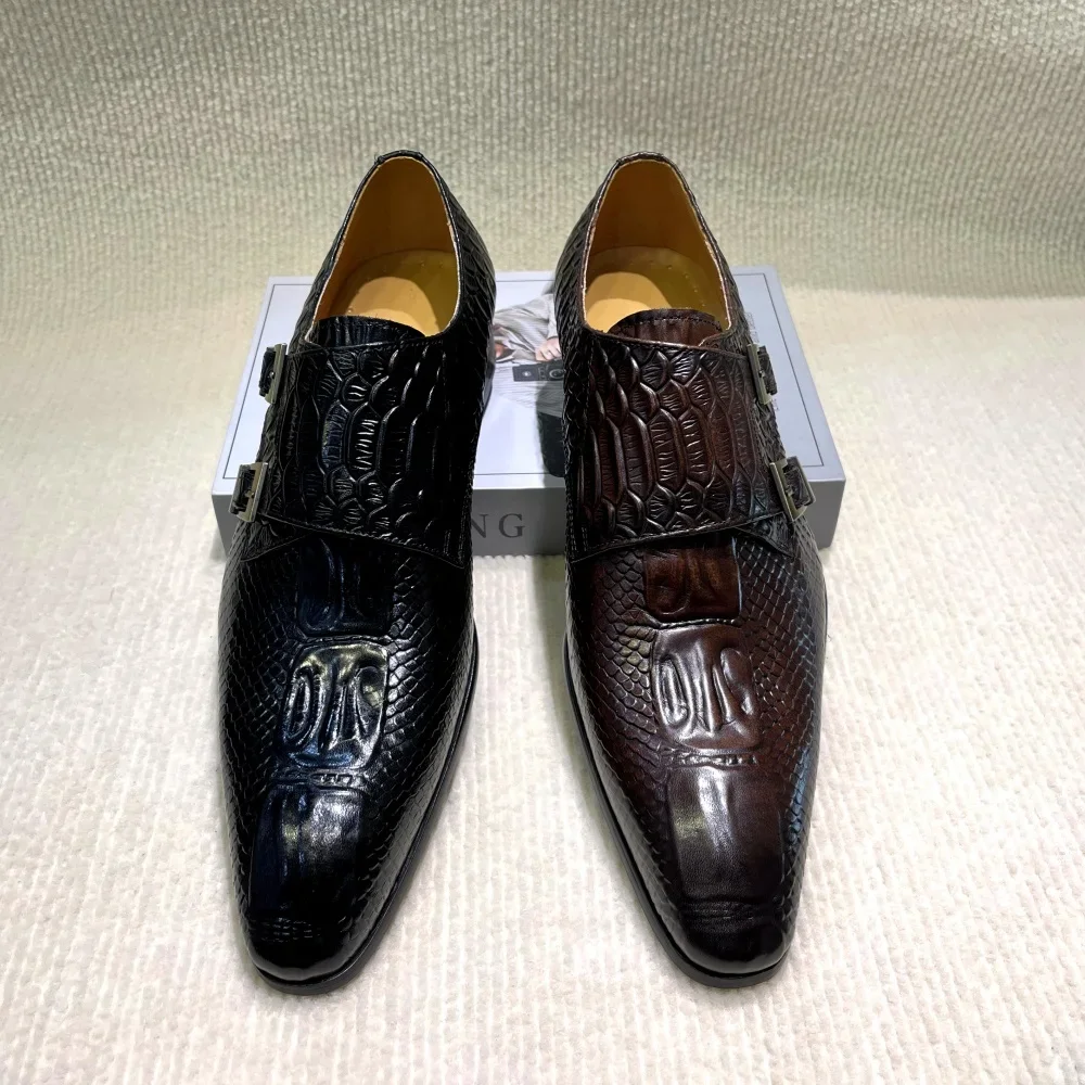 Men's Italian Genuine Leather Formal Oxford Shoes Python Crocodile Pattern Button Detailing for Office Party Wedding Footwear
