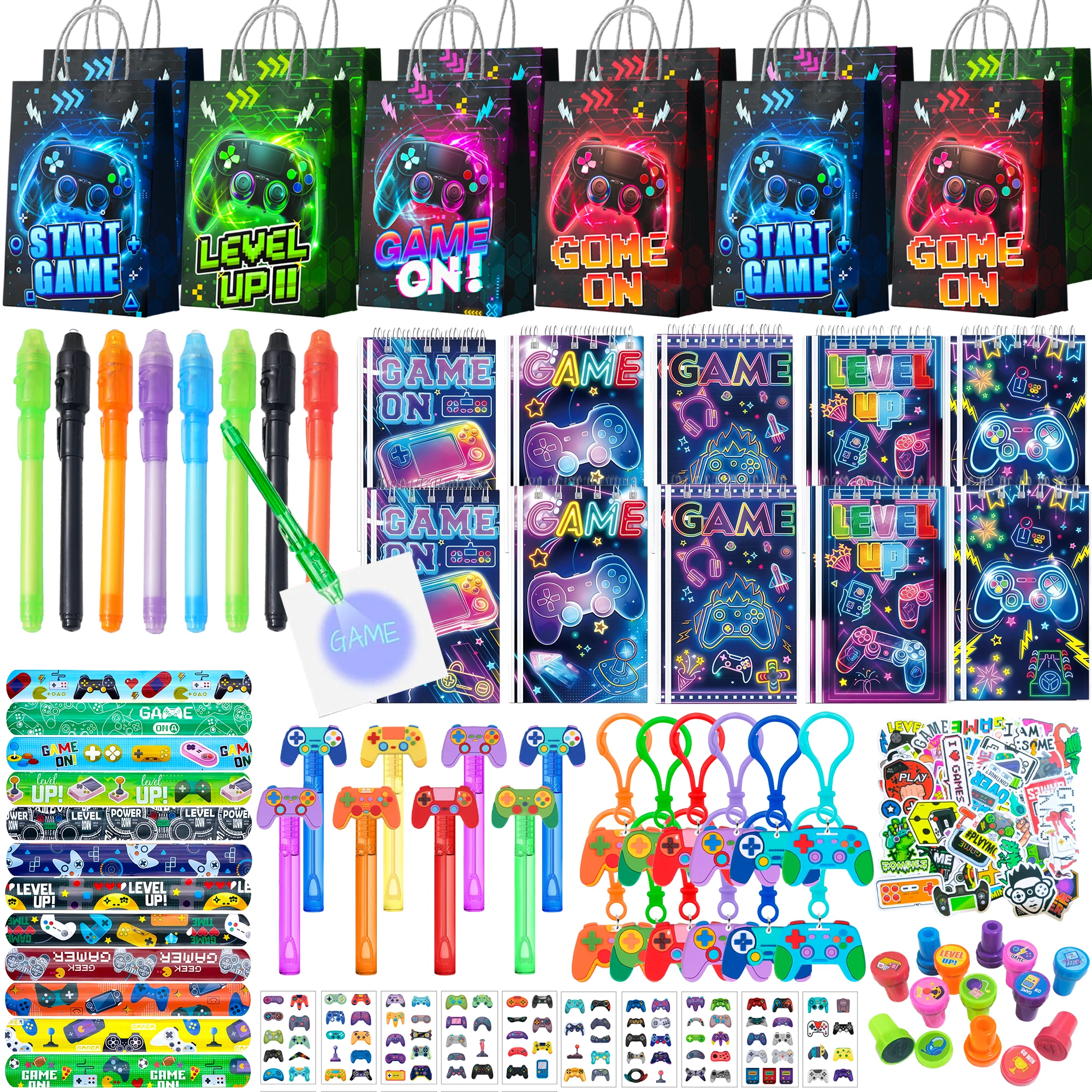 146 Pcs Gaming Party Favors-Video Game Keychains Slap Bracelets Stickers&Gamer Goodie Bags etc Video Game Party Favors for Kids