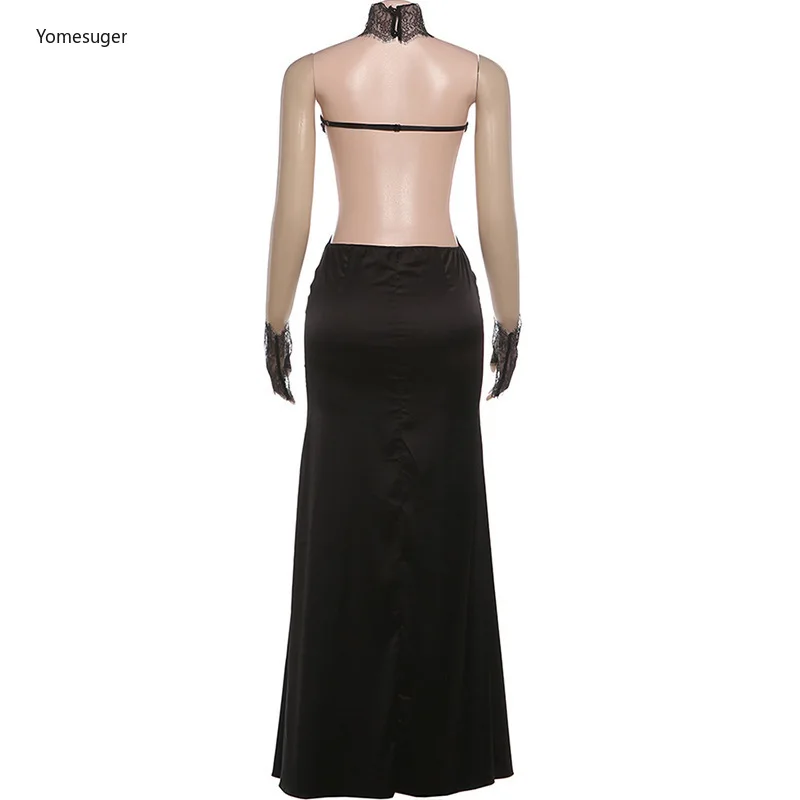 Yomesugar Abito lungo senza spalline in patchwork di pizzo sexy Abito da donna Elegante avvolgente sul petto Abiti da festa irregolari senza schienale Clubwear