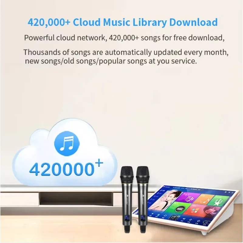 

Новая караоке-система 2026 года: 19-дюймовый сенсорный экран, бело-золотой, 4 ТБ, портативная, для дома, с микрофоном и Wi-Fi, комплект для караоке