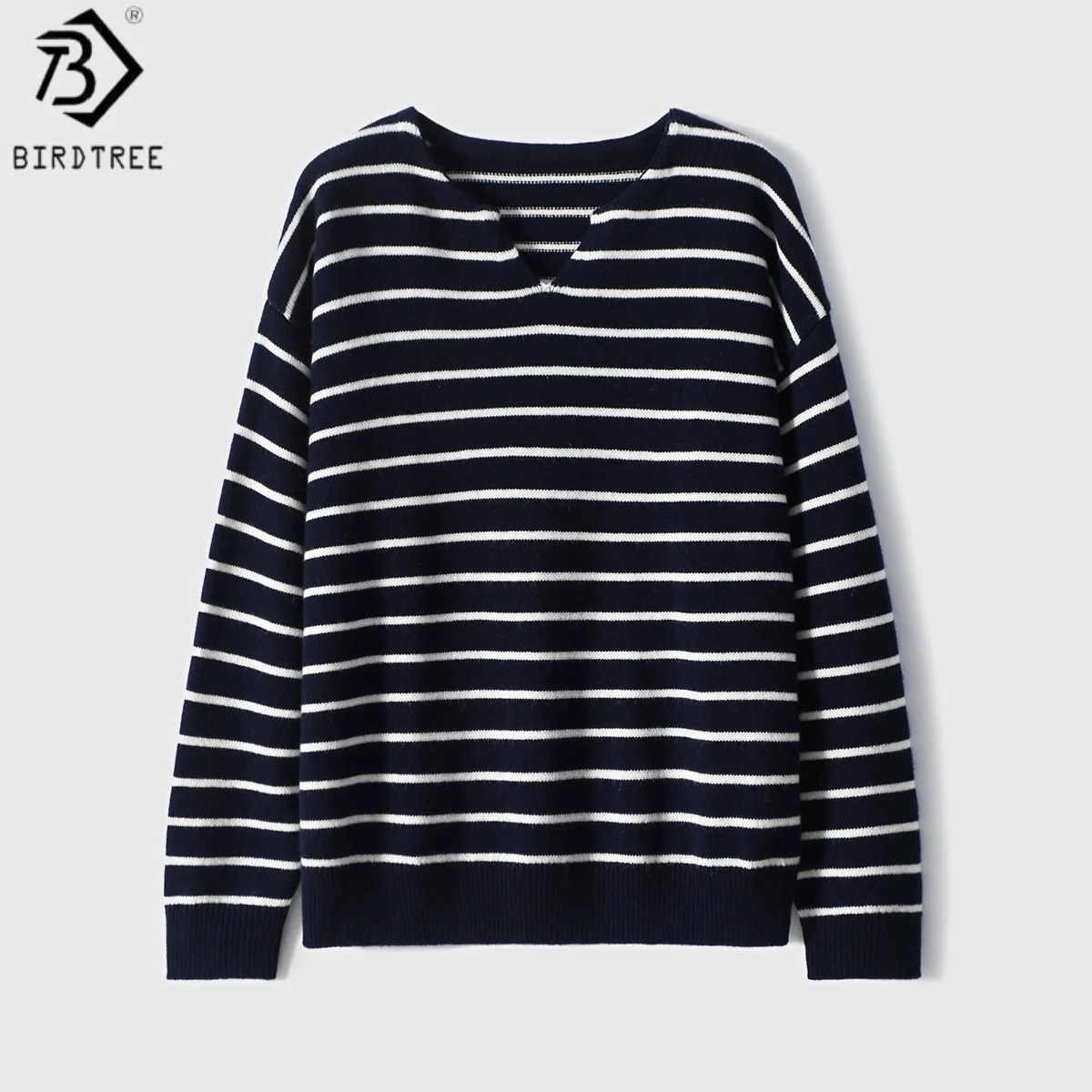 

Birdtree 90% Sheep Wool 10% Cashmere Knited Sweater,Woman Wool Cashmere Blend V-neck Full Sleeve Autumn Strape Pullover T59419JF