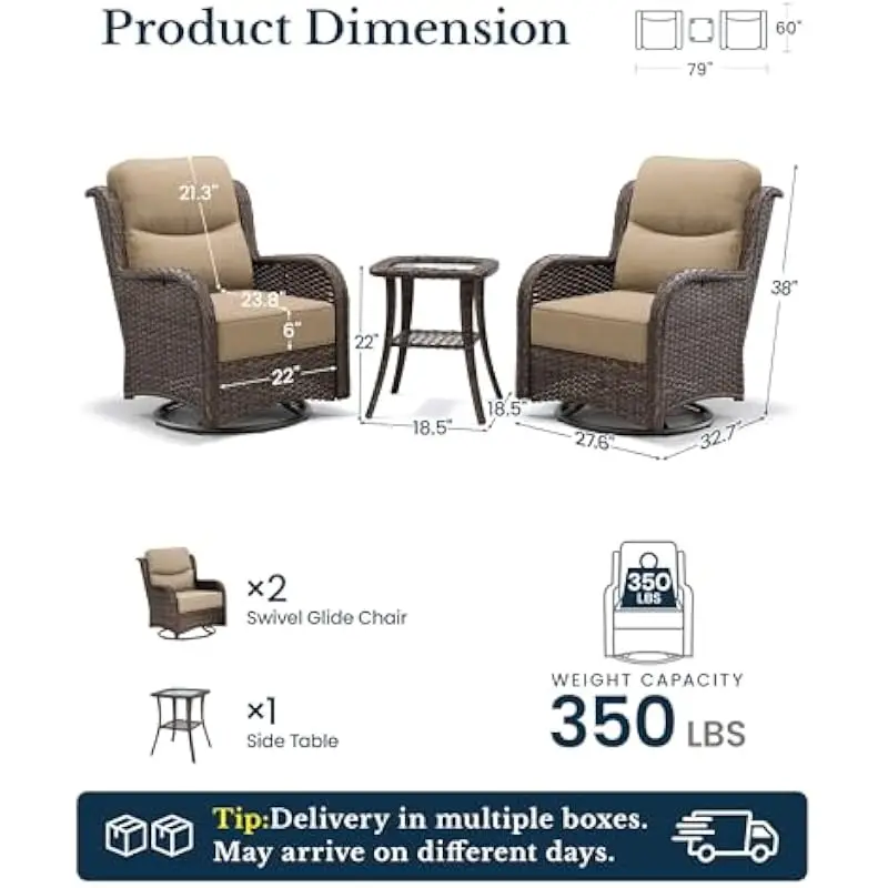 Luxury 3-Piece Outdoor Seating Set Featuring 6-Inch High-Density Foam Cushions, All-Weather PE Wicker, 360° Swivel Rocker Chairs