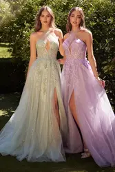 Luxury Halter A-line Prom Dresses Elegant Tulle Sweetheart Illusion Evening Gowns Flowers Appliques Sequin Side Slit Party Dress