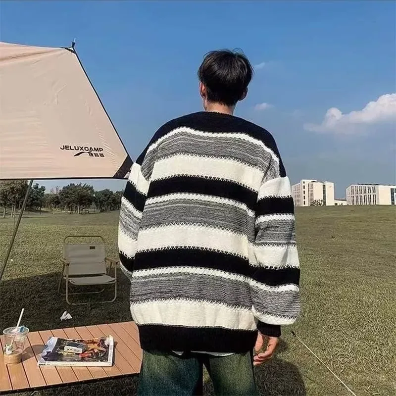 Maglione da uomo rotondo in maglia Ne con vestibilità ampia, modello a righe, casual, in fibra di poliestere, stagione invernale, per adolescenti