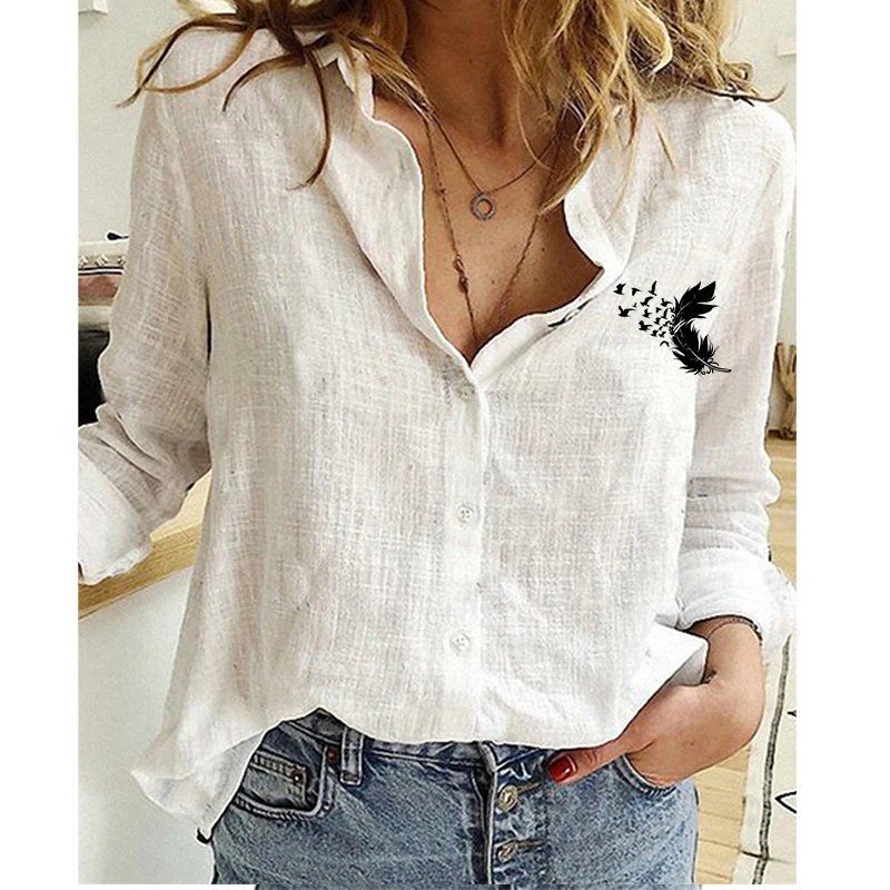 

Summer Women's Cotton Linen Shirt Autumn Fashion Casual Loose Elegant Top Printed Button V-Neck Solid Button Lapel Blouses Shirt