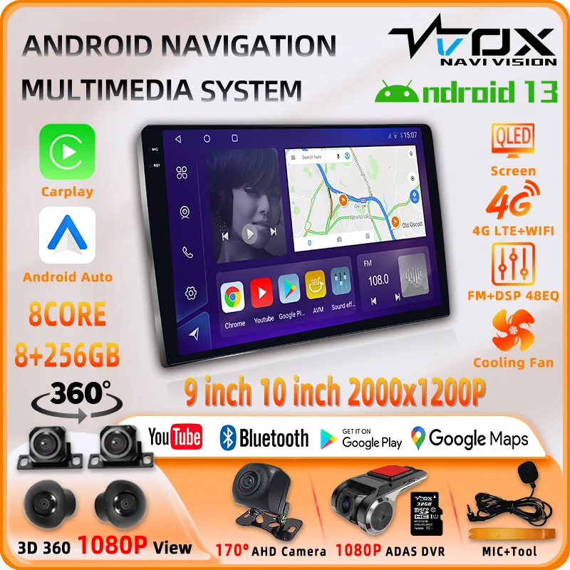 VVOX Universal Carplay Android Auto GPS Navigation System 2K Screen 9/10 Inch Bluetooth WiFi 4G LTE 360 Panorama Radio for Cars