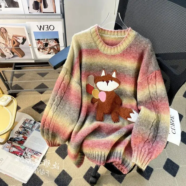 Hsa Women Winter squirrel Striped Sweater and Pullovers Long Sleeve Kawaii Cute Knitted Sweater Jumpers Tie Dye Sweater Pull Top