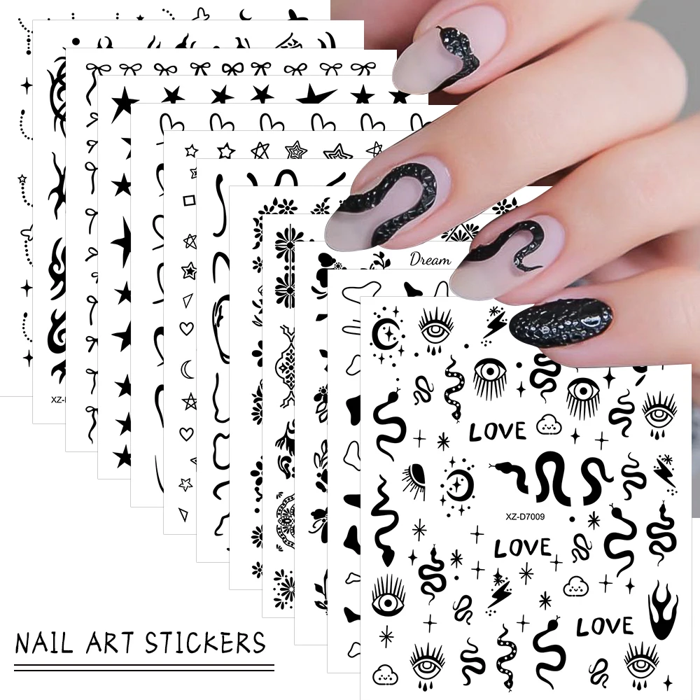 12 pezzi di motivi geometrici 3D adesivi per unghie freddi neri cursori autoadesivi per forniture per unghie acriliche decorazioni per unghie fai da te in stile Y2K *