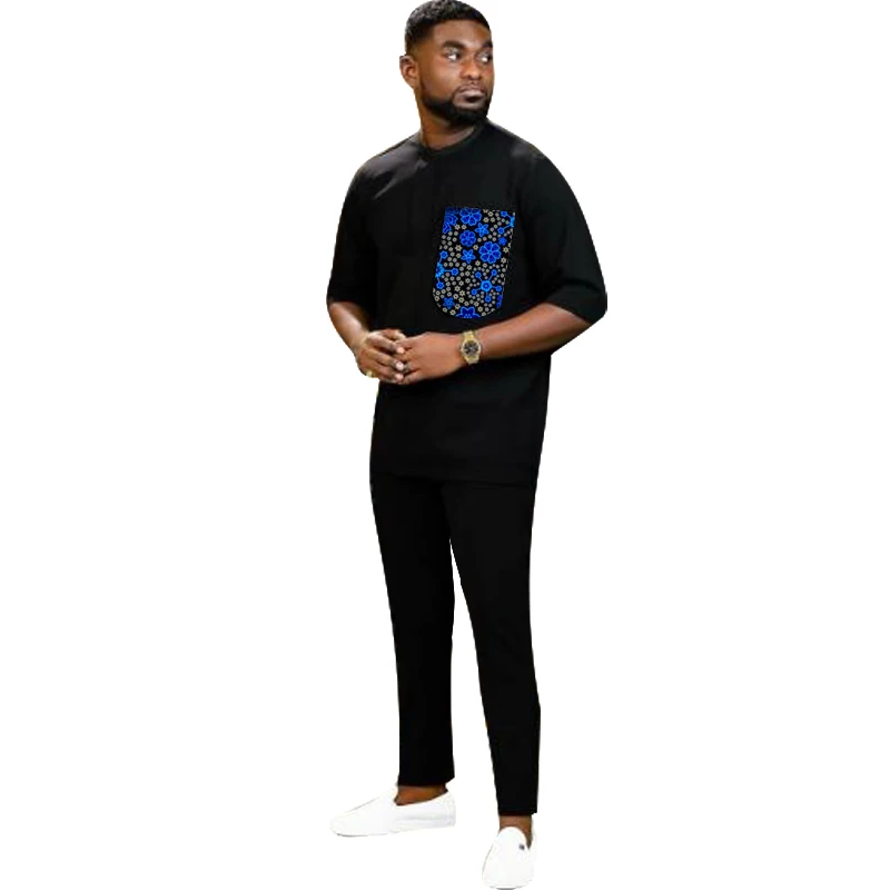 

Minimalist Style Men Sets Original Design Patchwork Shirt With Solid Black Pant Nigerian Groom Suit Male Party Costume