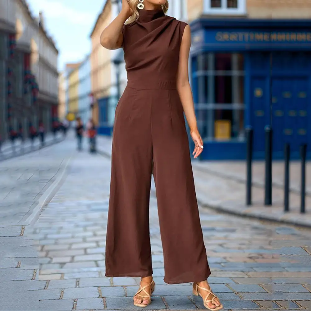 

Solid Color Jumpsuit Stylish Women's Sleeveless Wide Leg Jumpsuit for Summer Office Daily Wear Half-high Collar Pleated Design