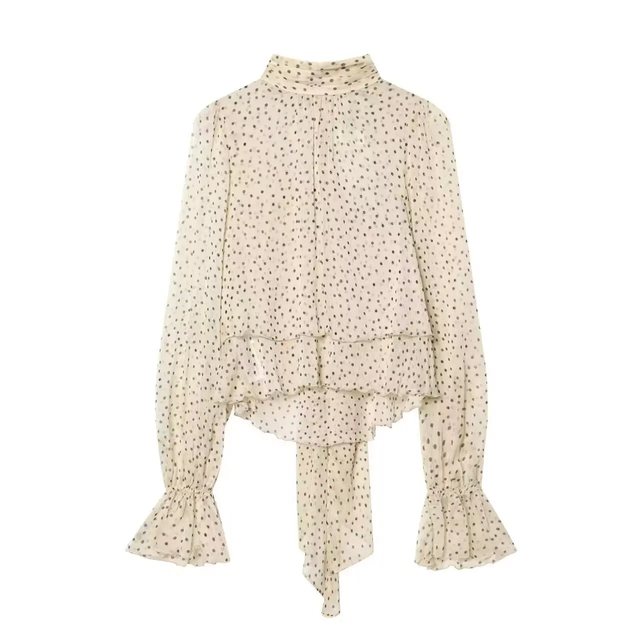Spring Autumn Women Apricot Polk Dot Print Chiffon Shirt Tie Bow Collar Flare Long Sleeve 2 Layers Hem Pullover Blouses Tops 2