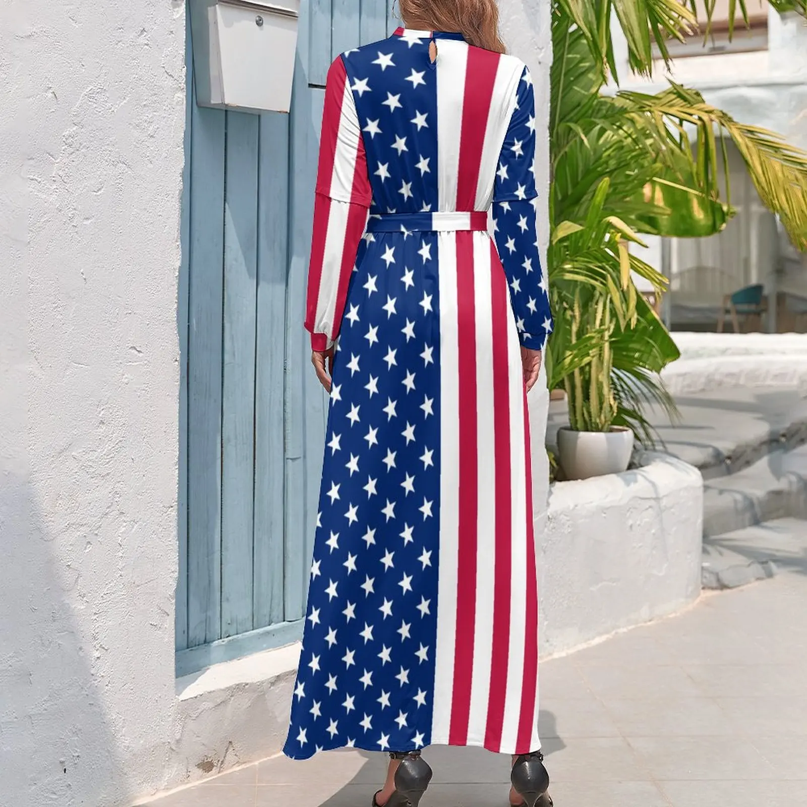 Red White Blue Star Dress Patriotic USA Flag Aesthetic Bohemia Dresses Ladies Long-Sleeve High Neck Elegant Long Maxi Dress