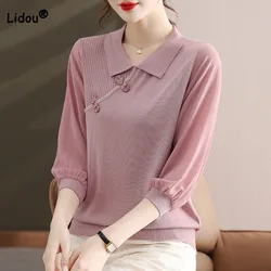 Trend Women's Gauze 3/4 Sleeve Temperament Knitted T-shirt 2023 Spring Summer Elegant All-match Solid Color Polo-Neck Pullovers