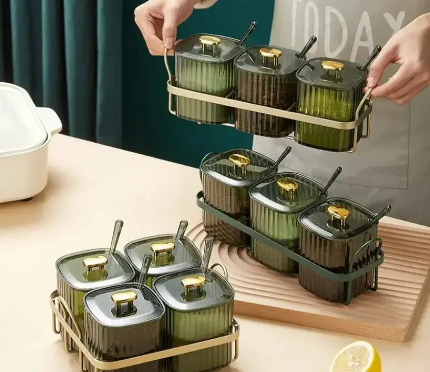 Green Plastic Seasoning Jar Set 3/4 Piece Seasoning Box Modern Storage Jar Light Luxury Home Kitchen Salt Sugar Pepper Spice Jar