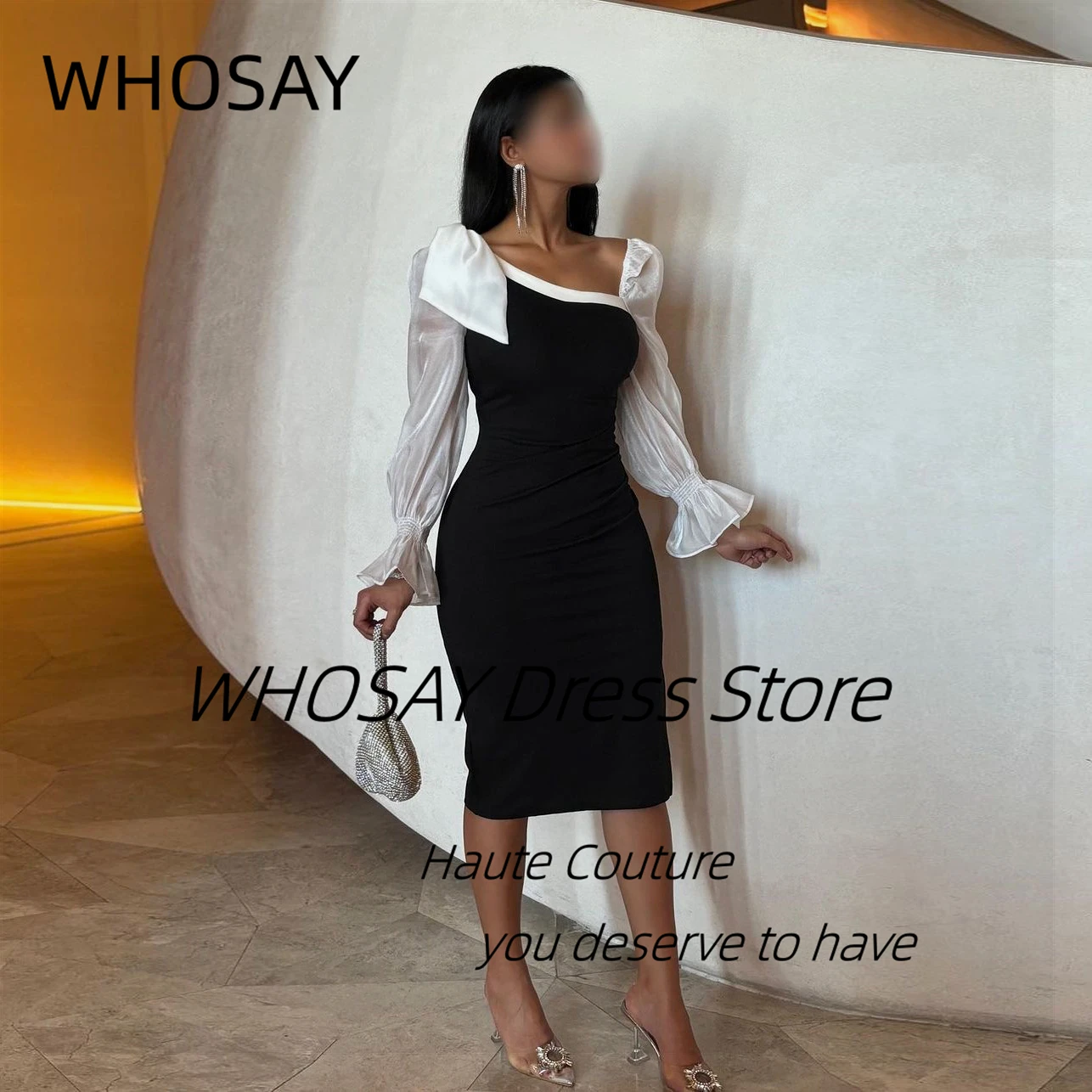 WHOSAY 작은 검은 인어 드레스, 무도회 대비 색상, 긴팔 로브, 칵테일 원피스 지퍼 백 이브닝 파티 가운