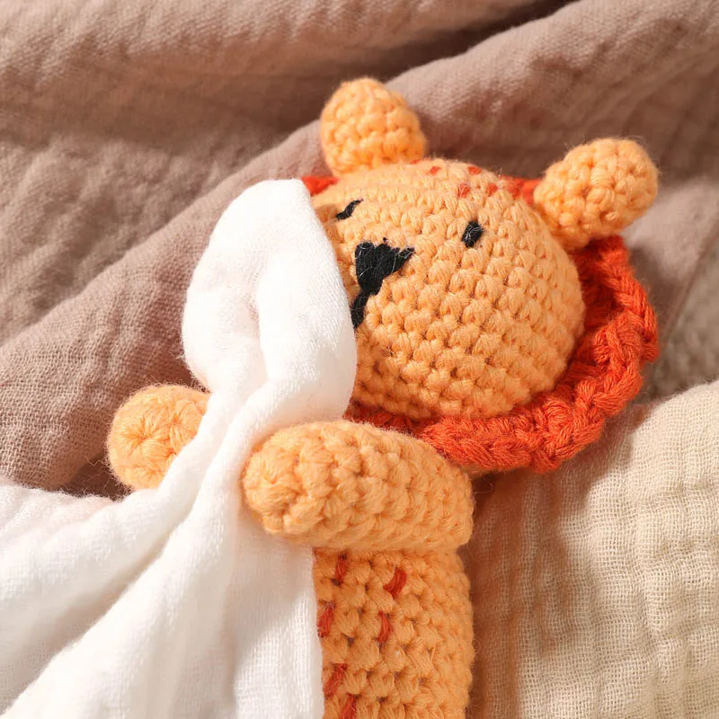Baby Cotton Soothing Towel Crochet Tiger Elephant Rattle Wooden Ring Bracelet Newborn Saliva Towel Newborn Sleep Teether Toys