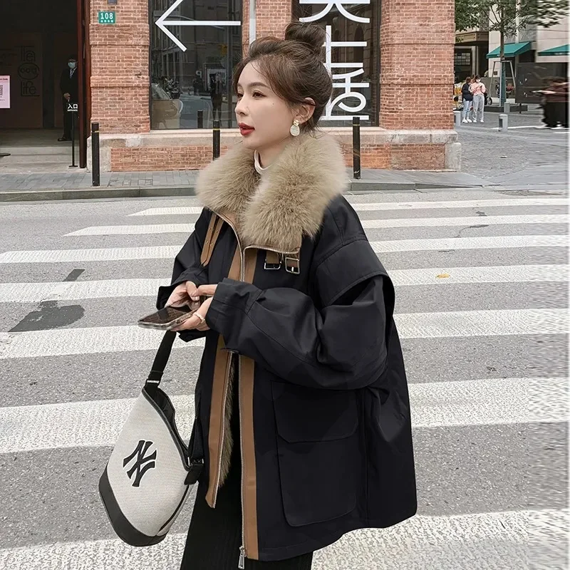 Winter Warm Coat 2024 New Women's Big fur collar Cotton Jacket Women Medium length Loose Coat Black Plush Thick Parka Overcoat