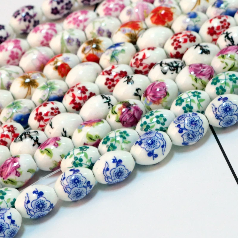 10Pcs/Lot Blue and White Ceramic Painted Beads 11x15mm Oval Flower Porcelain Bead Loose Spacer  for DIY Jewelry Making Decor