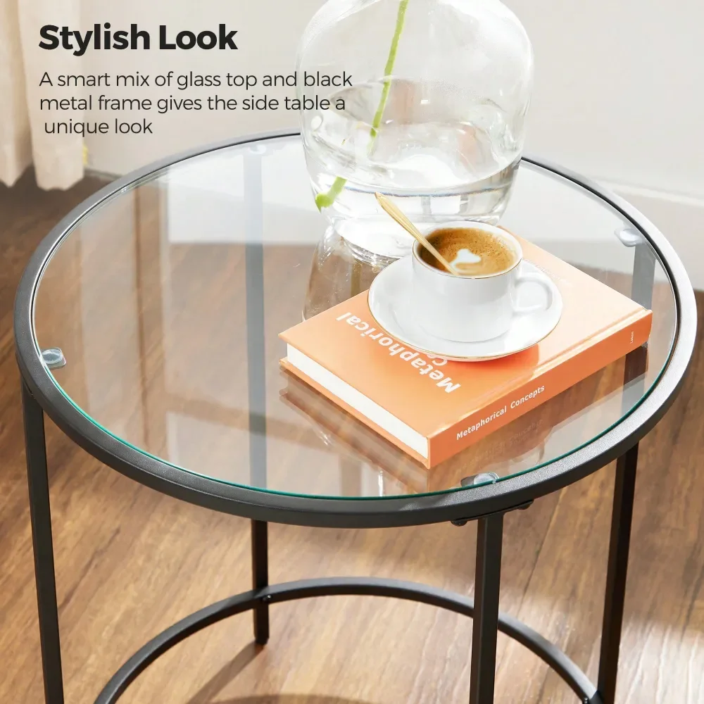 Round Side Table, Glass End Table With Metal Frame, Black Coffee Table With Modern Style, For Living Room, Balcony, Bedroom