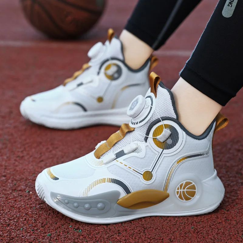 أحذية رياضية قتالية لكرة السلة للأولاد ، أحذية رياضية مانعة للإنزلاق ، قابلة للتنفس ، زر دوار ، خفيفة الوزن ، أحذية جري للأطفال ، جديدة ، #6