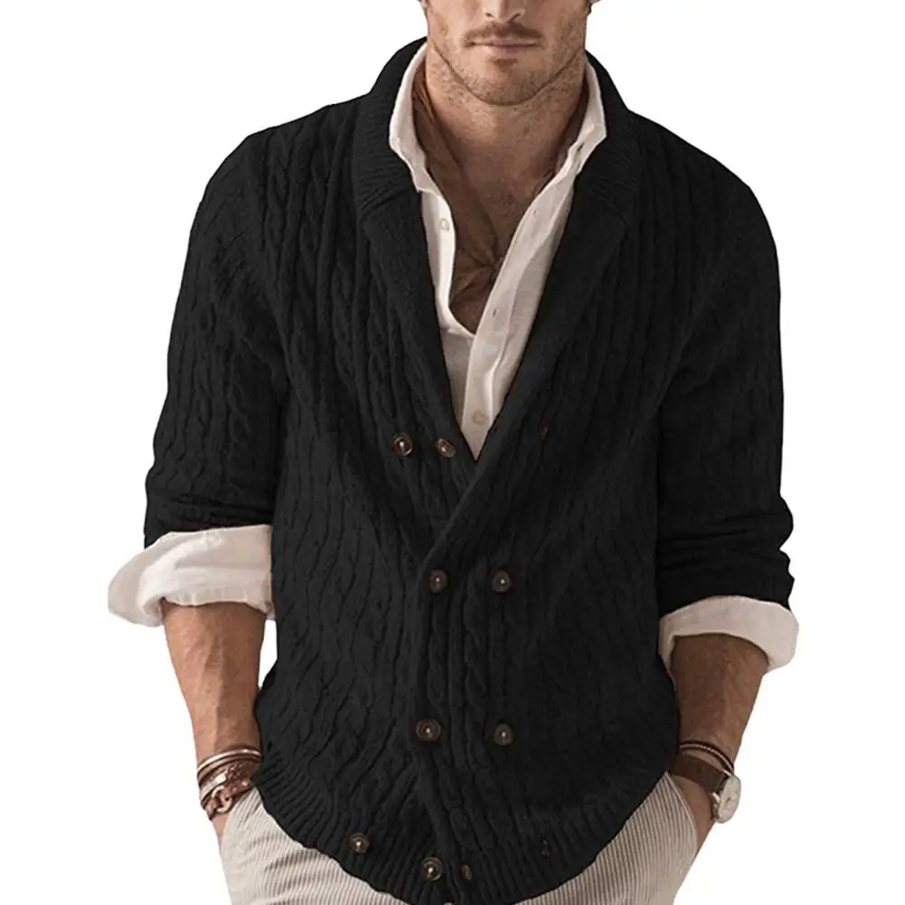 Knitted Men Sweater Men's Double-breasted Lapel Sweater Coat With Twisted Texture Solid Color Stretchy Knit Fall Winter Thick