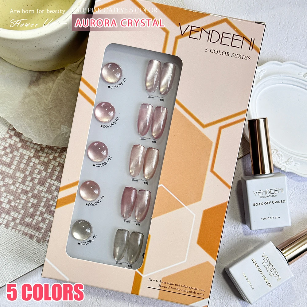 Vendeeni 5 Farben Pfirsichrosa Kristall-Katzenaugen-Gel-Nagellack-Set Magnetischer UV-LED-Gel-Lack Glasperlen-Katzenaugen-Gel mit Display – Detail 14