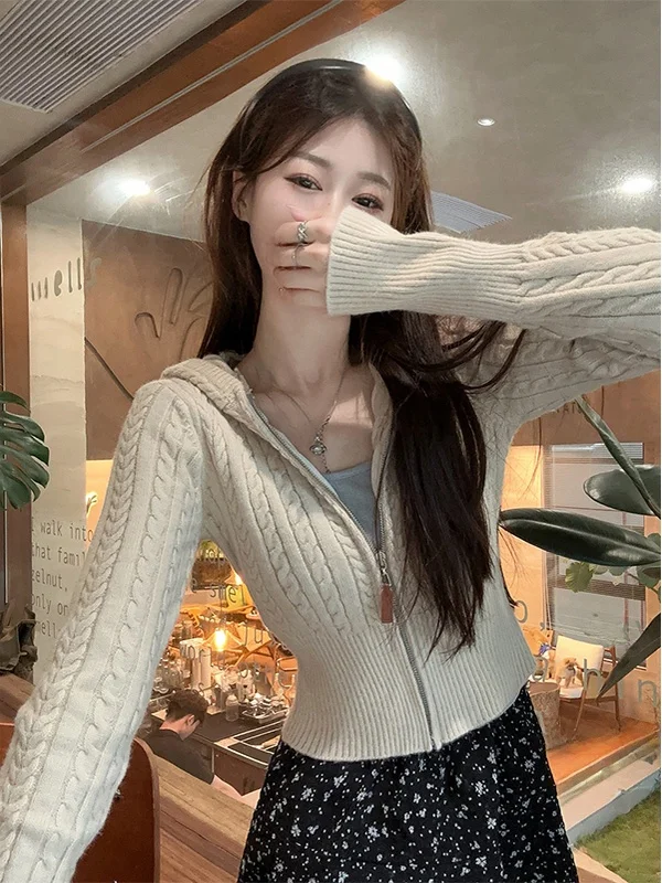 Koreanische Sle Hohe Taille ort Gestrickte Pullover Mantel Frauen Winter Oberbekleidung Süße Und Würzige Zipper Top mit Hut Strickwaren für Frauen