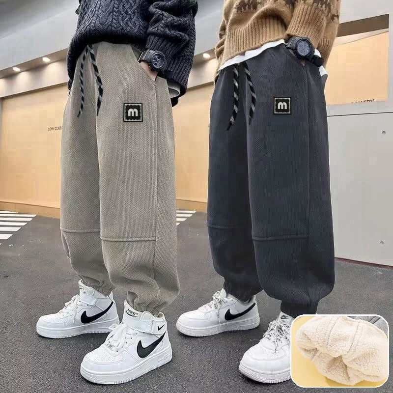 الشتاء الفتيان صوف الضأن بناطيل تدفئة الأطفال موضة خطابات سميكة أفخم Sweatpants المراهقين مبطن بناطيل كاجوال لمدة 5-14 سنة